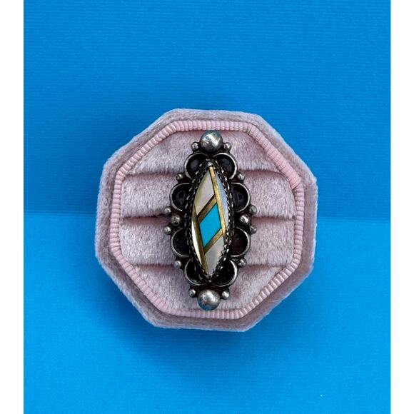 Vintage Navajo Sterling Silver Ring | Turquoise & Mother of Pearl Inlay - Picture 1 of 3